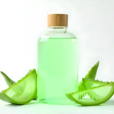 Aloe Vera Gel In A Transparent Bottle With A Wooden Cap Aloe Vera Leaves And Slices In A White Background 34 Ed96