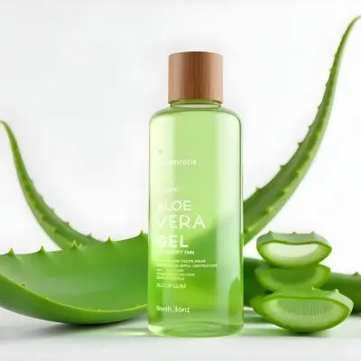 Aloe Vera Gel In A Transparent Bottle With A Wooden Cap Aloe Vera Leaves And Slices In A White Background 8 9e78