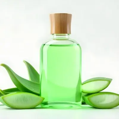 Aloe Vera Gel In A Transparent Bottle With A Wooden Cap Aloe Vera Leaves And Slices In A White Background 9 265d
