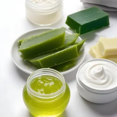 Aloe Vera Leaves On A White Plate Yellow Soap Bar Jar With Aloe Vera Gel Bowl With White Cream Bowl With Yellow Powder On A White Background 11 42af