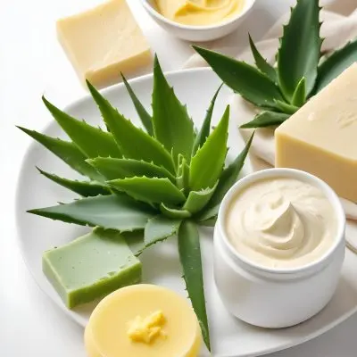 Aloe Vera Leaves On A White Plate Yellow Soap Bar Jar With Aloe Vera Gel Bowl With White Cream Bowl With Yellow Powder On A White Background 29 369b