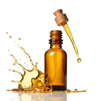 Amber Glass Bottle With Dropper And Wooden Cap Surrounded By Splashing Yellow Liquid Isolated On White Background 8 08dc