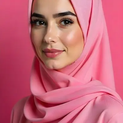 An Arab Woman 23 Years Old Light Skin Black Eyes Wearing A Pink Hijab Pink Lipstick In A Pink Background 24 3dbb