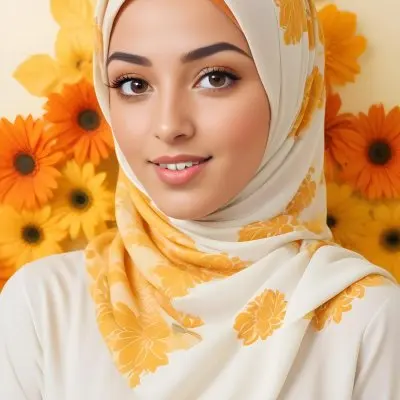 An Arab Woman 23 Years Old With Orange Hair And Light Skin Wearing A White Hijab And A Yellow Shirt In Front Of A Yellow And Orange Floral Background 10 15f5