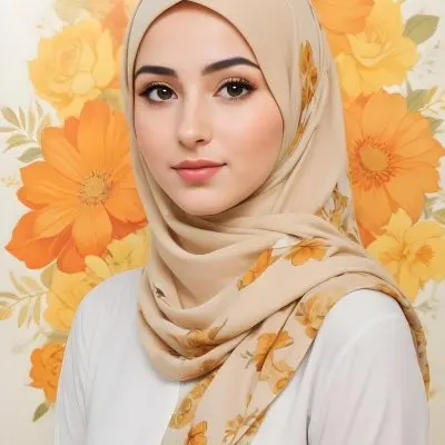 An Arab Woman 23 Years Old With Orange Hair And Light Skin Wearing A White Hijab And A Yellow Shirt In Front Of A Yellow And Orange Floral Background 11 1799