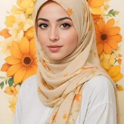An Arab Woman 23 Years Old With Orange Hair And Light Skin Wearing A White Hijab And A Yellow Shirt In Front Of A Yellow And Orange Floral Background 13 13b1