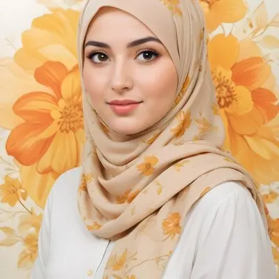 An Arab Woman 23 Years Old With Orange Hair And Light Skin Wearing A White Hijab And A Yellow Shirt In Front Of A Yellow And Orange Floral Background 15 1b9b