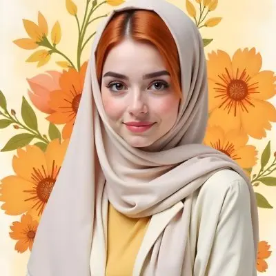 An Arab Woman 23 Years Old With Orange Hair And Light Skin Wearing A White Hijab And A Yellow Shirt In Front Of A Yellow And Orange Floral Background 17 D039