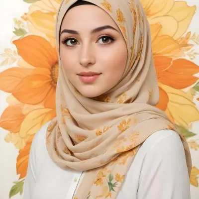 An Arab Woman 23 Years Old With Orange Hair And Light Skin Wearing A White Hijab And A Yellow Shirt In Front Of A Yellow And Orange Floral Background 19 A204