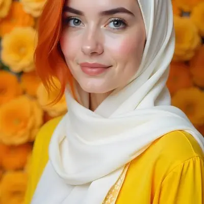 An Arab Woman 23 Years Old With Orange Hair And Light Skin Wearing A White Hijab And A Yellow Shirt In Front Of A Yellow And Orange Floral Background 20 C29a