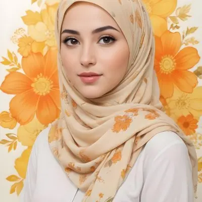 An Arab Woman 23 Years Old With Orange Hair And Light Skin Wearing A White Hijab And A Yellow Shirt In Front Of A Yellow And Orange Floral Background 21 E40b