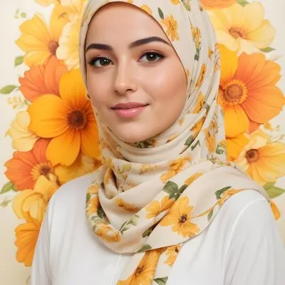 An Arab Woman 23 Years Old With Orange Hair And Light Skin Wearing A White Hijab And A Yellow Shirt In Front Of A Yellow And Orange Floral Background 23 E8b2