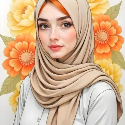 An Arab Woman 23 Years Old With Orange Hair And Light Skin Wearing A White Hijab And A Yellow Shirt In Front Of A Yellow And Orange Floral Background 25 7c41