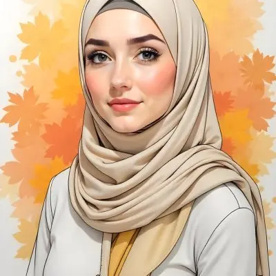 An Arab Woman 23 Years Old With Orange Hair And Light Skin Wearing A White Hijab And A Yellow Shirt In Front Of A Yellow And Orange Floral Background 29 E4e8