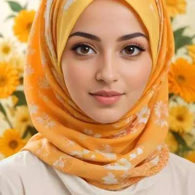 An Arab Woman 23 Years Old With Orange Hair And Light Skin Wearing A White Hijab And A Yellow Shirt In Front Of A Yellow And Orange Floral Background 6 79bb