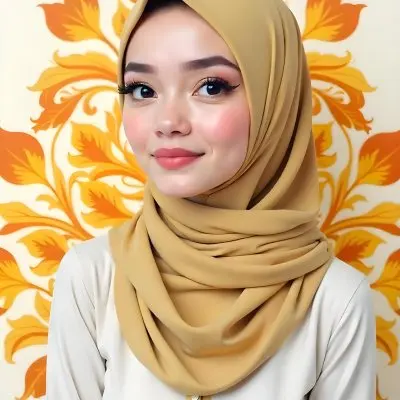 An Arab Woman 23 Years Old With Orange Hair And Light Skin Wearing A White Hijab And A Yellow Shirt In Front Of A Yellow And Orange Floral Background 7 8544