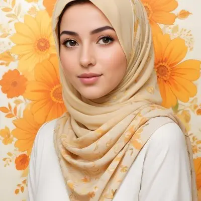 An Arab Woman 23 Years Old With Orange Hair And Light Skin Wearing A White Hijab And A Yellow Shirt In Front Of A Yellow And Orange Floral Background 8 B544