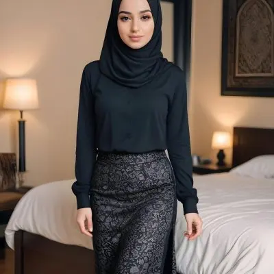 An Arab Woman 25 Years Old Long Black Hair Light Skin Wearing A Black Hijab Black Long Sleeve Shirt And A Black Skirt In A Bedroom 11 A917