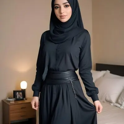 An Arab Woman 25 Years Old Long Black Hair Light Skin Wearing A Black Hijab Black Long Sleeve Shirt And A Black Skirt In A Bedroom 13 8ce1
