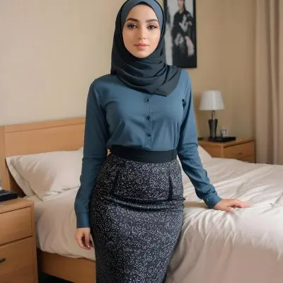 An Arab Woman 25 Years Old Long Black Hair Light Skin Wearing A Black Hijab Black Long Sleeve Shirt And A Black Skirt In A Bedroom 15 5a9d