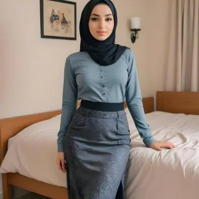 An Arab Woman 25 Years Old Long Black Hair Light Skin Wearing A Black Hijab Black Long Sleeve Shirt And A Black Skirt In A Bedroom 18 0cbd
