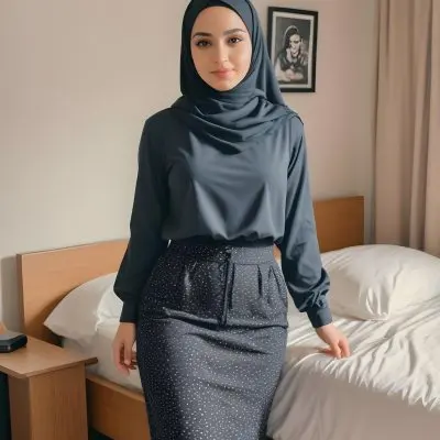 An Arab Woman 25 Years Old Long Black Hair Light Skin Wearing A Black Hijab Black Long Sleeve Shirt And A Black Skirt In A Bedroom 23 346e