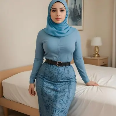 An Arab Woman 25 Years Old Long Black Hair Light Skin Wearing A Black Hijab Black Long Sleeve Shirt And A Black Skirt In A Bedroom 28 7909