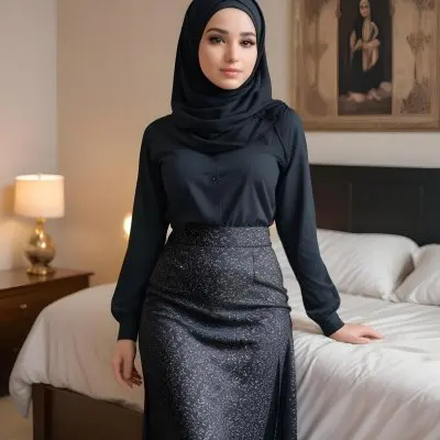 An Arab Woman 25 Years Old Long Black Hair Light Skin Wearing A Black Hijab Black Long Sleeve Shirt And A Black Skirt In A Bedroom 8 8bb8