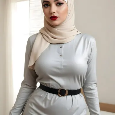 An Arab Woman 27 Years Old Black Lipstick Wearing A Beige Hijab And A Long Dress With A Red Belt In A Room With A Window 14 F81e