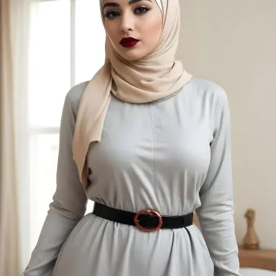 An Arab Woman 27 Years Old Black Lipstick Wearing A Beige Hijab And A Long Dress With A Red Belt In A Room With A Window 17 450b