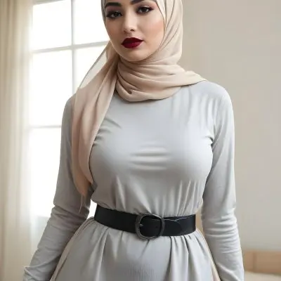An Arab Woman 27 Years Old Black Lipstick Wearing A Beige Hijab And A Long Dress With A Red Belt In A Room With A Window 18 5c49