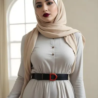 An Arab Woman 27 Years Old Black Lipstick Wearing A Beige Hijab And A Long Dress With A Red Belt In A Room With A Window 24 Fc11