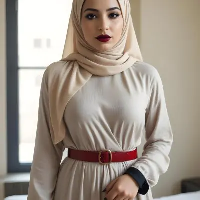 An Arab Woman 27 Years Old Black Lipstick Wearing A Beige Hijab And A Long Dress With A Red Belt In A Room With A Window 25 7f28