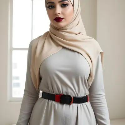An Arab Woman 27 Years Old Black Lipstick Wearing A Beige Hijab And A Long Dress With A Red Belt In A Room With A Window 28 98fb