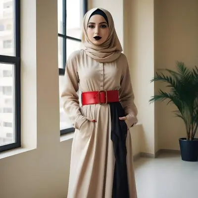 An Arab Woman 27 Years Old Black Lipstick Wearing A Beige Hijab And A Long Dress With A Red Belt In A Room With A Window 3 8c4e