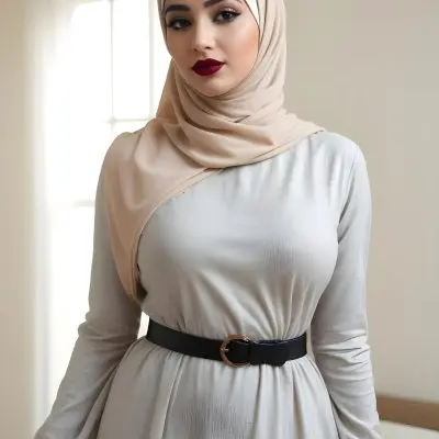 An Arab Woman 27 Years Old Black Lipstick Wearing A Beige Hijab And A Long Dress With A Red Belt In A Room With A Window 30 A7db