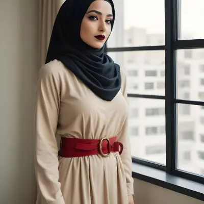 An Arab Woman 27 Years Old Black Lipstick Wearing A Beige Hijab And A Long Dress With A Red Belt In A Room With A Window 34 857c