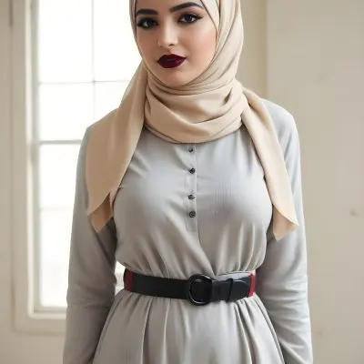 An Arab Woman 27 Years Old Black Lipstick Wearing A Beige Hijab And A Long Dress With A Red Belt In A Room With A Window 36 03ca