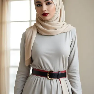 An Arab Woman 27 Years Old Black Lipstick Wearing A Beige Hijab And A Long Dress With A Red Belt In A Room With A Window 38 36aa