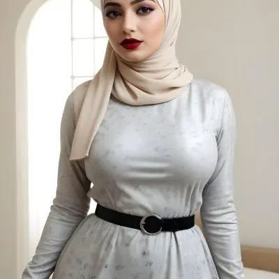 An Arab Woman 27 Years Old Black Lipstick Wearing A Beige Hijab And A Long Dress With A Red Belt In A Room With A Window 40 848d