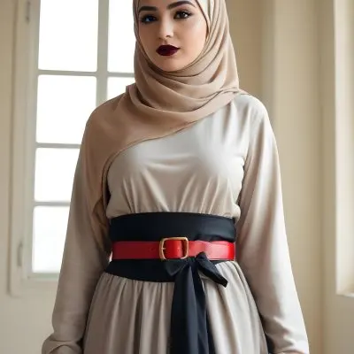 An Arab Woman 27 Years Old Black Lipstick Wearing A Beige Hijab And A Long Dress With A Red Belt In A Room With A Window 7 17f5