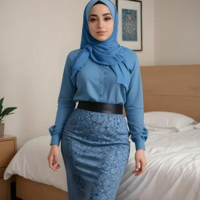 An Arab Woman 27 Years Old Light Skin Blue Hair Wearing A Blue Hijab Black Long Sleeve Shirt And A Black Skirt In A Bedroom 16 Fe0d