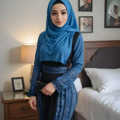 An Arab Woman 27 Years Old Light Skin Blue Hair Wearing A Blue Hijab Black Long Sleeve Shirt And A Black Skirt In A Bedroom 4 C6cb