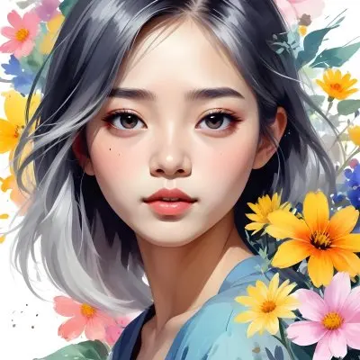 An Asian Girl 19 Years Old With White Hair And White Eyes Surrounded By Colorful Flowers Watercolor Style In A White Background 10 7054