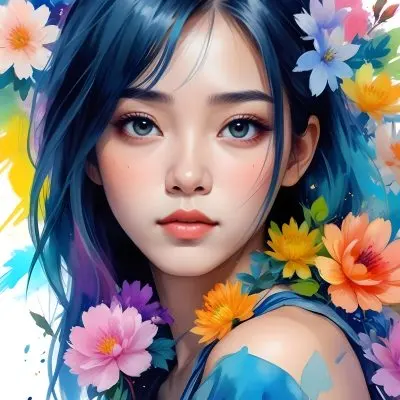 An Asian Girl 19 Years Old With White Hair And White Eyes Surrounded By Colorful Flowers Watercolor Style In A White Background 11 E49d