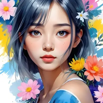 An Asian Girl 19 Years Old With White Hair And White Eyes Surrounded By Colorful Flowers Watercolor Style In A White Background 12 2c1c