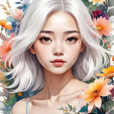 An Asian Girl 19 Years Old With White Hair And White Eyes Surrounded By Colorful Flowers Watercolor Style In A White Background 14 183e