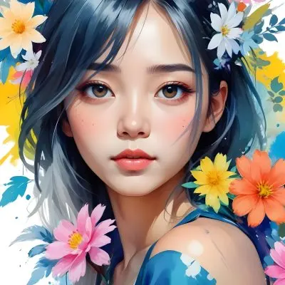 An Asian Girl 19 Years Old With White Hair And White Eyes Surrounded By Colorful Flowers Watercolor Style In A White Background 15 6989