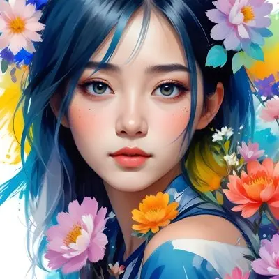An Asian Girl 19 Years Old With White Hair And White Eyes Surrounded By Colorful Flowers Watercolor Style In A White Background 16 382b