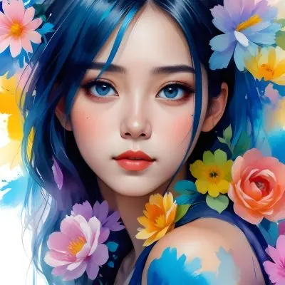 An Asian Girl 19 Years Old With White Hair And White Eyes Surrounded By Colorful Flowers Watercolor Style In A White Background 17 88a9